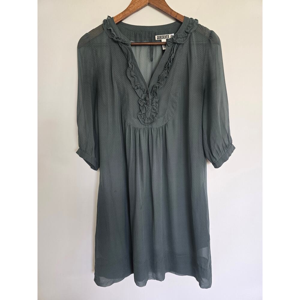 Quiksilver 100% Silk Polka Dot Ruffle Mini Dress Gray Size: L Sheer